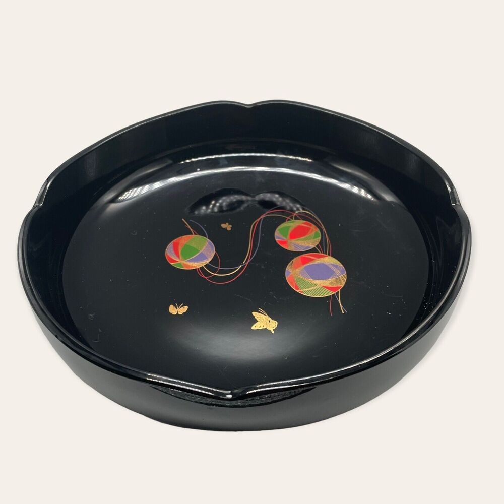 Vintage MCM Unbranded Decorative Bowl Ashtray? Black Gold Butterflies Balls 9"